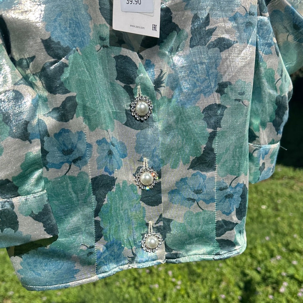 Zara Shimmering Metallic Green and Silver Floral Blouse St. Patrick’s Day - Picture 4 of 5
